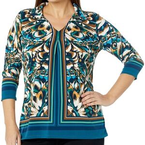 Avenue Studio Women Plus Sz 30/32 Teal Peacock Print Marni Placement Top NWT